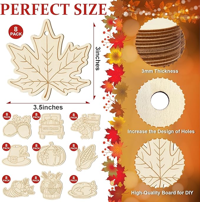 80PCS Wooden Thanksgiving Decoration Turkey Ornaments to Paint Happy Thanksgiving Cutouts Unfinished, DIY Blank Fall Unfinished Maple Leaf Corn Truck Pumpkin Ornament for Home Crafts Hanging