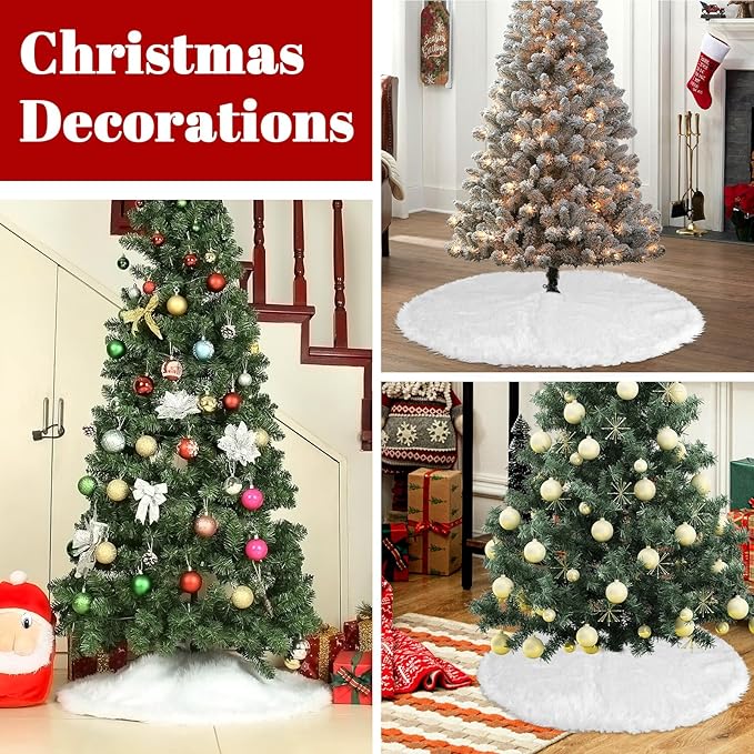 24 Inch Faux Fur Christmas Tree Skirt Soft Snow White Plush Tree Mat Christmas Decorations Fluffy Tree Skirts Xmas Holiday Party Indoor Decorations