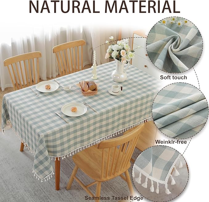 JIALE Gingham Tablecloth Rectangle Cotton Linen Fabric Checkered Table Cloth with Tassel Washable Wrinkle Free Buffalo Plaid Table Cover for Easter Party Outdoor Picnic Kitchen Dining, Blue, 90x55