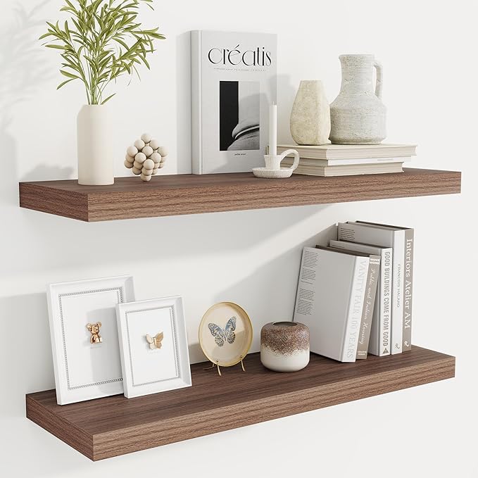 Fun Memories Floating Shelves for Wall, 30 Inch Rustic Wood Wall Mounted Shelves for Bathroom, Bedroom, Kitchen, Living Room, Deep Floating Shelves for Storage & Home Decor (Walnut, Set of 2)