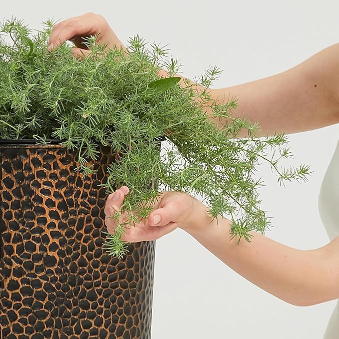 Worth Garden 2-Pack 28" H. Metal Planters with 2X Inside Pots - Hand-Hammered Texture Tall Narrow Cone Plant Pots - Large Handcrafted Bronze Flower Pot for Indoor Outdoor, Deck, Patio, Front Porch