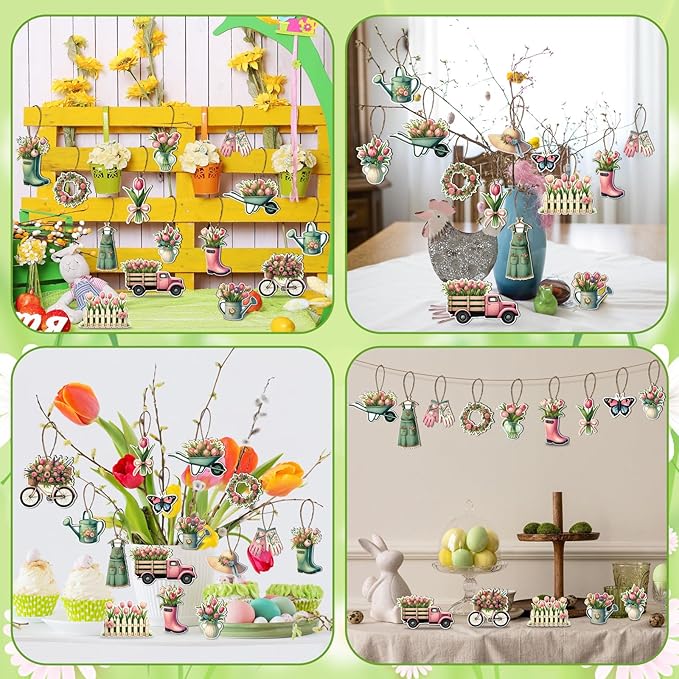 48PCS Spring Decor Wooden Flowers Ornaments Hanging Tulips Signs Decorations for Home Small Tree Party