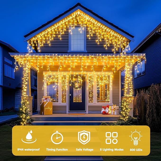 JMEXSUSS Christmas Icicle Lights for Outside-800 LED Warm White Icicle Lights Outdoor Waterproof, Warm White Christmas String Light for House Wedding Party Christmas Decoration