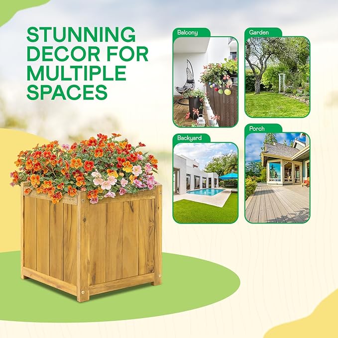 IDZO Acacia Wood Flower Planter Box for Outdoor Plants, 1pc Wooden Raised Garden Bed with Handles, Drainage Holes, Ideal for Garden and Home Décor, Golden Teak