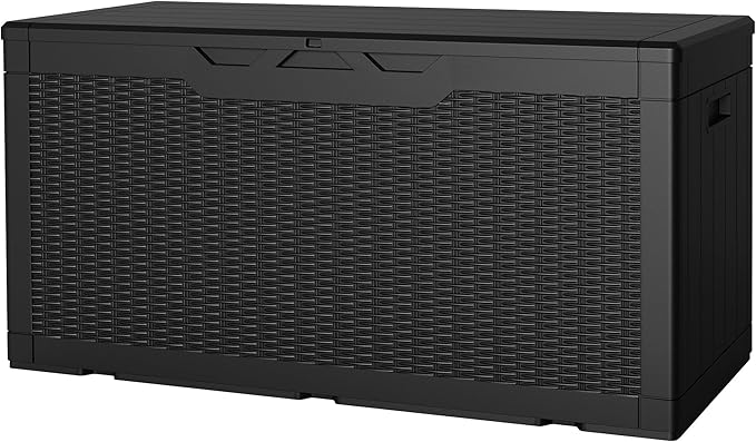 JUMMICO 100 Gallon Resin Deck Box, Waterproof Outdoor Storage Box with Lockable Lid for Garden Tools, Patio Cushions (Black)