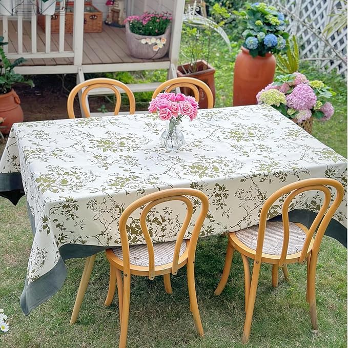 Jacquard Rectangle Tablecloth, Wrinkle Free Green Table Cloth, French Vintage Green Floral Tablecloths, Country Farmhouse Table Cover for Dining, Kitchen, Wedding - 60''x84''