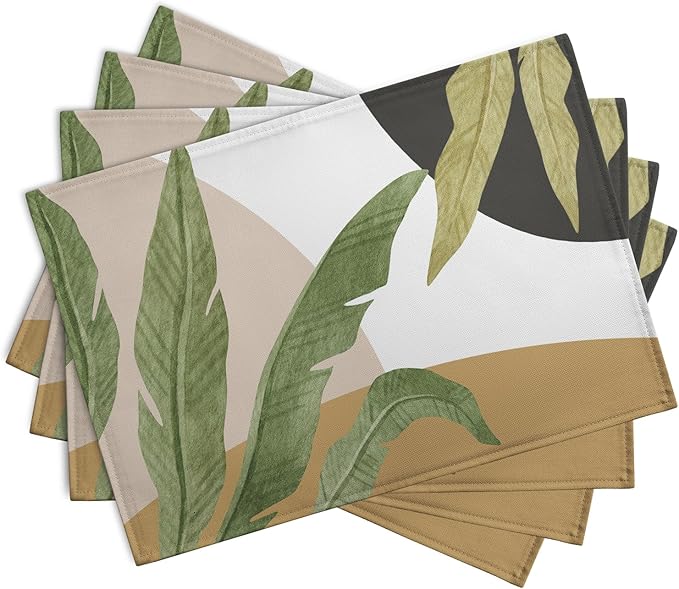 Tropical Palm Leaf Linen Placemats Set of 4 Summer Green Banana Leaves Themed Kitchen Place Mats Washable Non-Slip Heat Resistant Fabric Dining Table Placemats 12x18 Inch