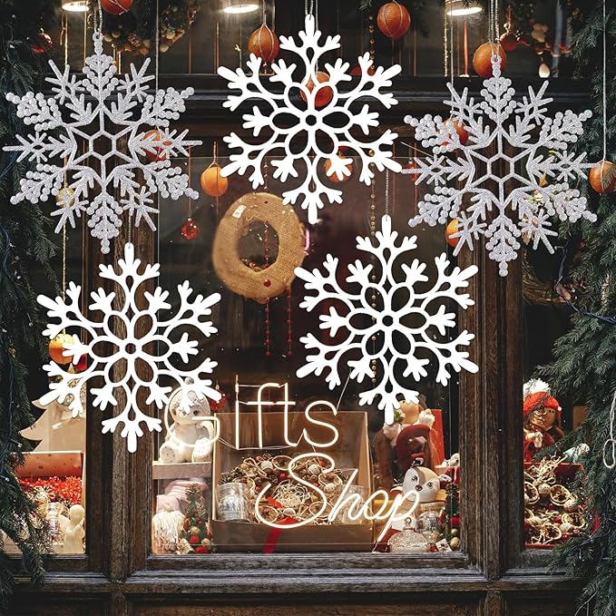 6pcs Large White Silver Snowflakes Ornaments Big Plastic Glitter Snowflake for Winter Indoor Outdoor Christmas Tree Window Room Decorations Giant Craft Snowflakes, 12/11.5 Inch