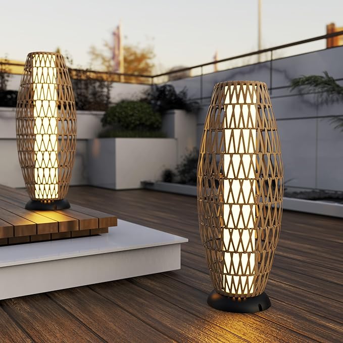 2 Pack Large Patio Solar Powered Lanterns for Garden Outdoor Decorative Floor Lamp Water-Resistant Wicker Lights for Deck Backyard