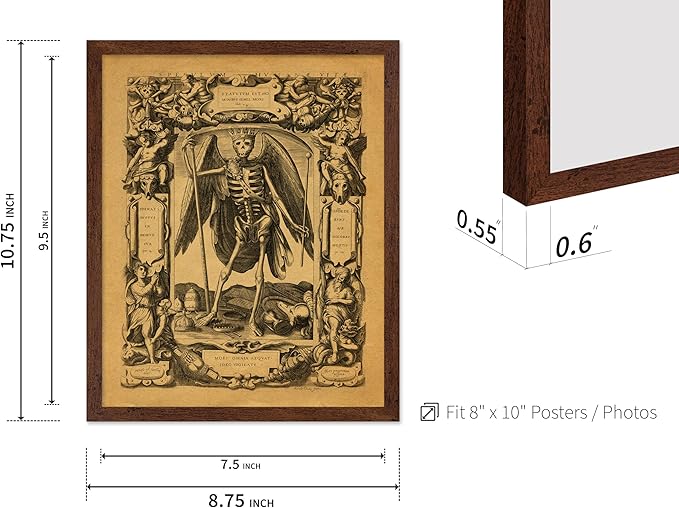 Poster Master Vintage Medieval Poster - Retro Gothic Print - Gift for Artist, Friend - Angel of Death, Memento Mori, Life, Skeleton, Dark - Wall Decor for Home, Living Room, 8x10 Brown Framed