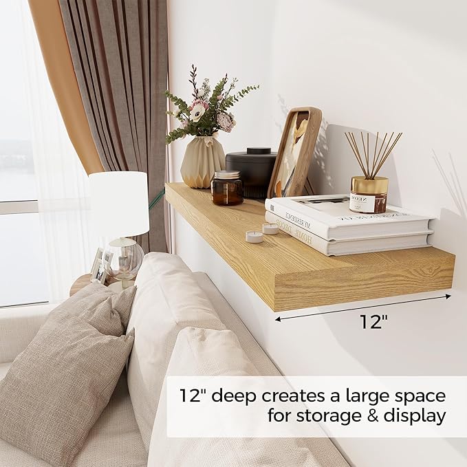 30 Inch Floating Shelves, 12 Inch Deep Floating Shelves for Wall, Rustic Wood 30 x 12 Shelves for Wall Storage & Display, 2 Inch Thicked Floating Shelf for Bathroom, Living Room, Oak Color, 2 Pack