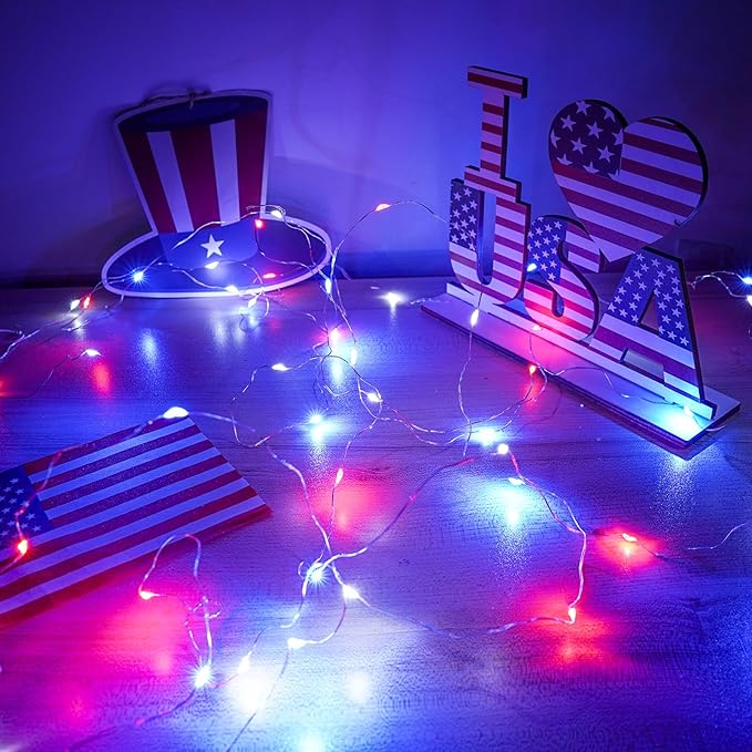 4th of July Decorations, 4-Pack Red White and Blue Fairy Lights Battery Operated with Timer, Waterproof 16FT 50 LED Starry String Lights Indoor Outdoor for Independence Day Memorial Day DIY Home Decor
