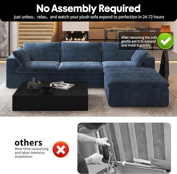 118" L Shaped Modern Sofa Modular Sectional Cloud Couch with Ottoman,Deep Seat Upholstered Couches with Plush Corduroy Fabric for Living Room Furniture,Bedroom and Apartment,No Assembly Required,Blue