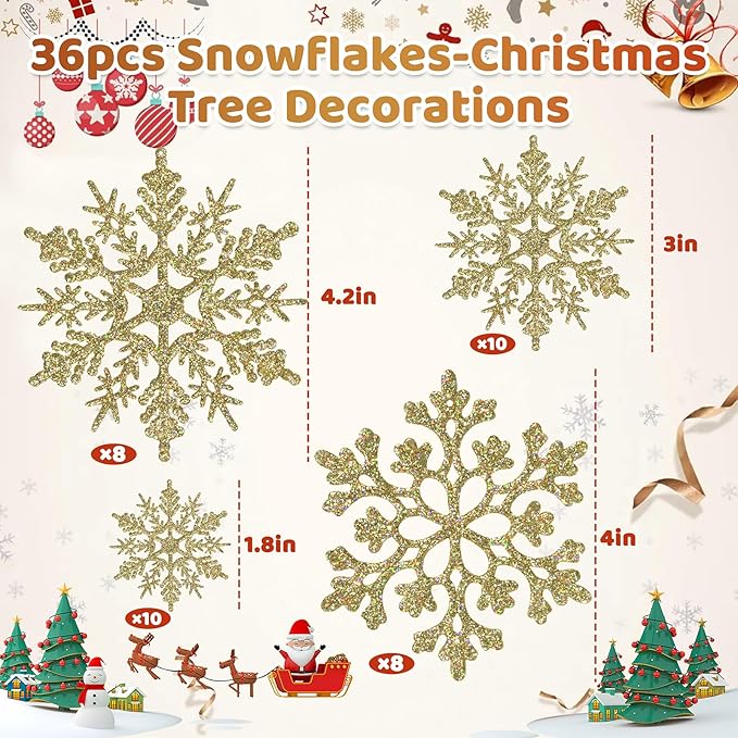 Christmas Tree Decorations Snowflake Ornaments, 36Pcs Glitter Gold Plastic Hanging Snowflakes from Ceiling Snow Flakes Decorating Hanging for Winter Wonderland Decorations Indoor Outdoor Decor