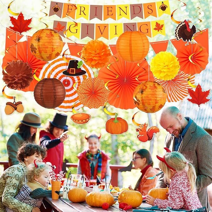28 Pcs Fall Party Decoration Thanksgiving Party Supplies Include Friends Giving Banner Autumn Paper Lanterns Pom Pom Hanging Fans Bunting Garland Swirl Streamers for Thanksgiving Harvest
