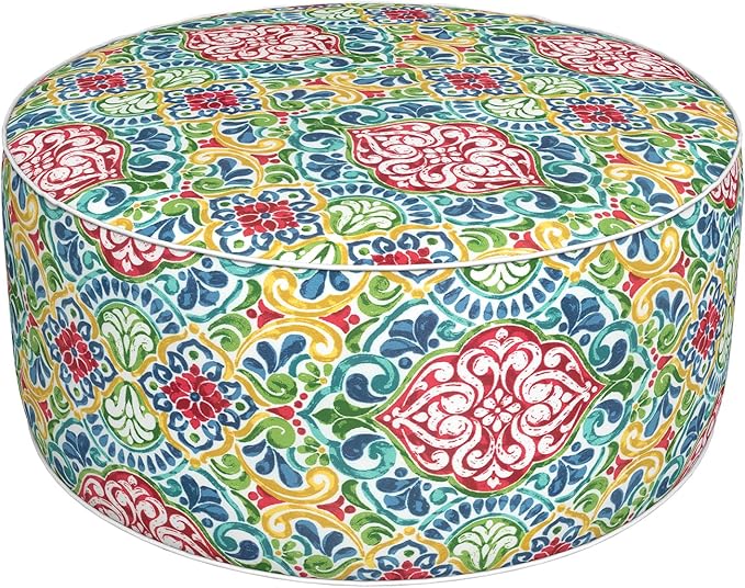 Inflatable Ottoman Stool D31 xH14 for Outdoor/Indoor Use, Water Repellent Patio Foot Rest Stool with Portable Handle,Round Pouf Ottoman Suitable for Garden,Deck and Camping - Damask Red