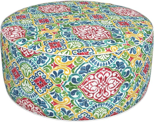 Inflatable Ottoman Stool D31 xH14 for Outdoor/Indoor Use, Water Repellent Patio Foot Rest Stool with Portable Handle,Round Pouf Ottoman Suitable for Garden,Deck and Camping - Damask Red