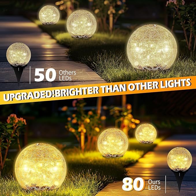 Garden Solar Ball Lights Outdoor Waterproof, 80 LED Cracked Glass Globe Solar Power Ground Lights for Path Yard Patio Lawn, Christmas Decoration Landscape Warm White(2 Pack 5.9'')