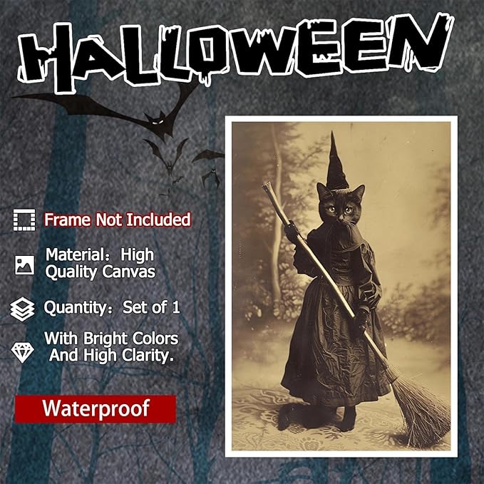 Halloween Decor Posters Black Cat Witch Canvas Wall Art Vintage Spooky Print Of Gothic Room Family Dark Academia Decorations Creepy Picture Poster Aesthetic 24X36inch Unframed