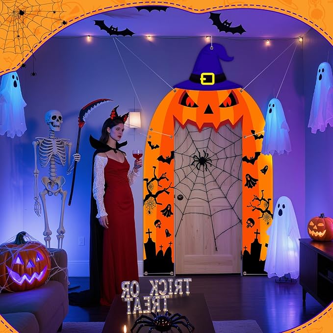 Halloween Pumpkin Party Porch Banner Witch Hat Grimace Pumpkin Archway Door Banner for Halloween Decorations Porch Sign for Birthday Photo Backdrop Outdoor Front Door Cover Indoor Hanging Supplies