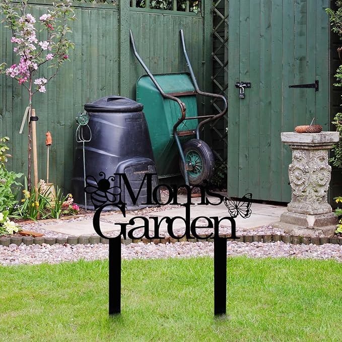 Custom Patio Meta Sign with Stake, Bee and Butterfly Decoration, Farmhouse Yard Art - Personalized Gardener Name, Gift for Mom & Grandma