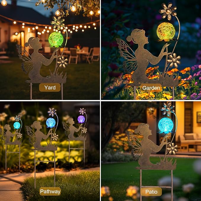HONGLAND Solar Garden Lights Outdoor Decor, Fairy Figurine Moon Crackle Glass Lights Stake, Housewarming Ornament for Patio, Lawn, Yard, Pathway - Unique Gardening Gifts for Women Mom Grandma