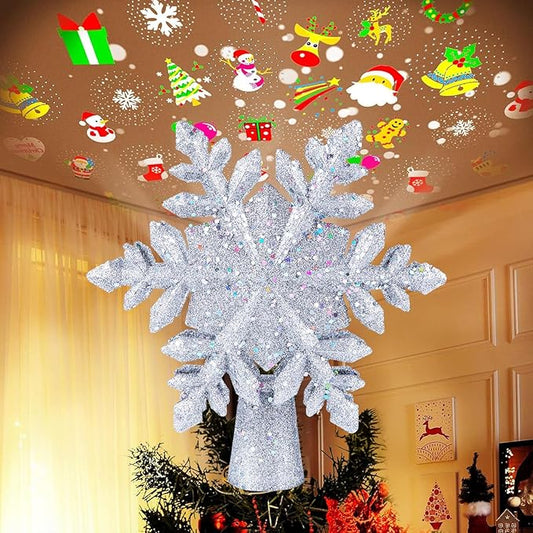 Christmas Tree Topper Lighted with 6 Projection Modes, 9.6” Hollowed Snowflake Tree Topper with Silver Spangles Plug in for Indoor Home Xmas New Year Party Holiday Night Tree Decor