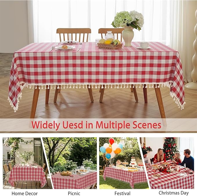 JIALE Gingham Tablecloth Square Cotton Linen Fabric Checkered Table Cloth with Tassel Washable Wrinkle Free Buffalo Plaid Table Cover for Outdoor Party Picnic Kitchen Dining, Red, 55X90''