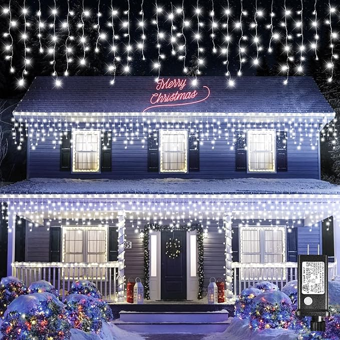 Icicle Lights for Outside, 16.5FT 200 LED Icicle Christmas Lights Outdoor with 8 Modes Waterproof, Connectable Twinkle String Light for Bedroom House Party Wedding Holiday Decorations, White