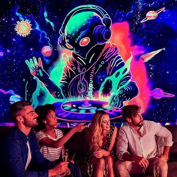 OSVINO Blacklight Alien Tapestry 79"x59" UV Reactive Alien DJing Wall Hanging Art Bedroom Decor Moon and Sun Planets Posters Wall Hanging Hippie Decor