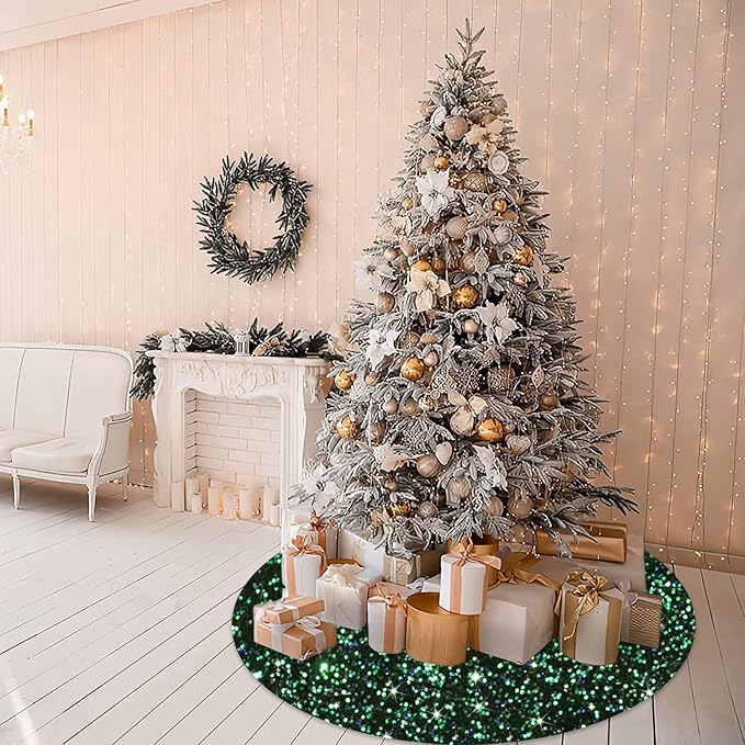 MODFUNS Green Christmas Tree Skirt Black Sparkly Tree Skirt 36 Inch Sequin Velvet Tree Skirts for Artificial Trees Glitter Xmas Tree Skirts Vintage Xmas Tree Collar for Christmas Home Supplies