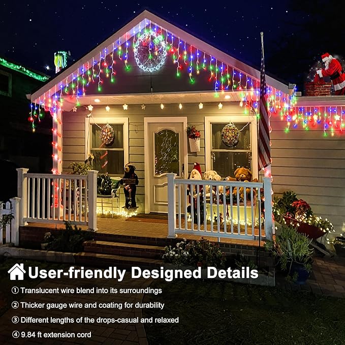 Colored Christmas Lights Outdoor, 33ft 400 LED Icicle Lights for Outside House with Connectable Clear Wire 8 Modes Timer, Plug in Waterproof for Home Holiday Eaves Yard Party Room Indoor Decoration