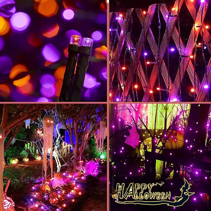 4pk Orange and Purple Solar Halloween Lights Outdoor Waterproof, 400LED 132FT Solar Powered LED String Lights Black Wire with 8 Modes, Solar Fairy Lights for Halloween Horror Party Tree Wedding Decor