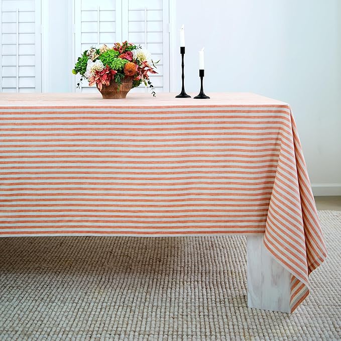 Solino Home Striped Tablecloth 60 x 144 Inch - 100% Pure Linen Pumpkin and Natural Table Cloth for Rectangle Tables - Amalfi Stripe, Machine Washable Tablecloth for Fall, Halloween, Thanksgiving