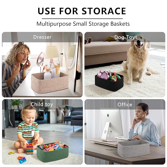 4 Pack Small Storage Shelf Baskets for Organizing, Mini Woven Rope Storage Bins for Towels, Cute Decorative Closet Organizer，Baby Nursery, Gift Empty Baskets -13.78''Lx9.84''Wx5.51''H-Brown