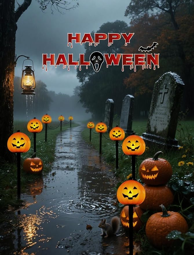 Classic Halloween Charm: 5 Pack Plug-in Pumpkin Pathway Lights Outdoor, Waterproof Jack o' Lantern Garden Stakes with Warm C7 Bulbs for Walkway & Yard Decor