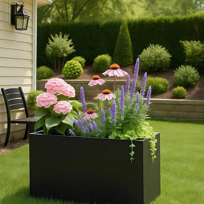 Kozyard 36" x 12" x 24" Metal Rectangular Planter Box Steel Long Box Planter Black Powder Coated Steel Plant Pot All-Weather Use with Partition Panel for Indoor Outdoor for Trees, Plants Flowers