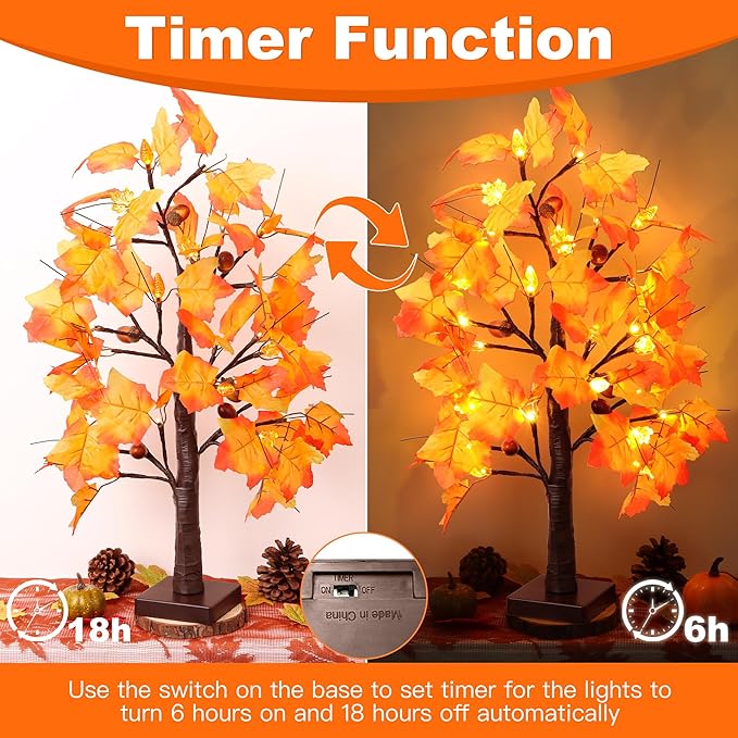 2 Pack 24 Inch Prelit Fall Maple Tree Fall Decorations for Home with 48 LEDs Battery Operated Timer Lighted Acorn Maple Tabletop Light Up Tree for Office Fall Decor Thanksgiving Decorations Indoor