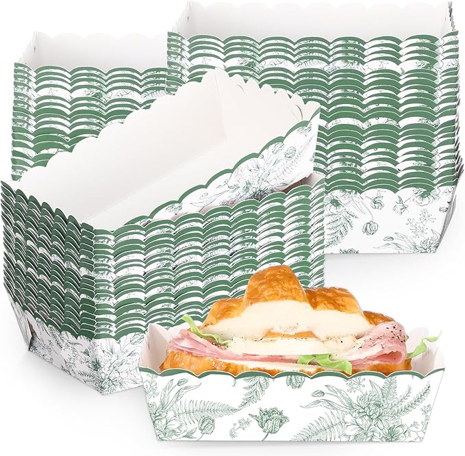 48 Pcs Sage Green Floral Paper Food Trays Vintage Flower Nacho Boat Trays Disposable Snack Holder for Spring Birthday Party Baby Shower Bridal Wedding Supplies