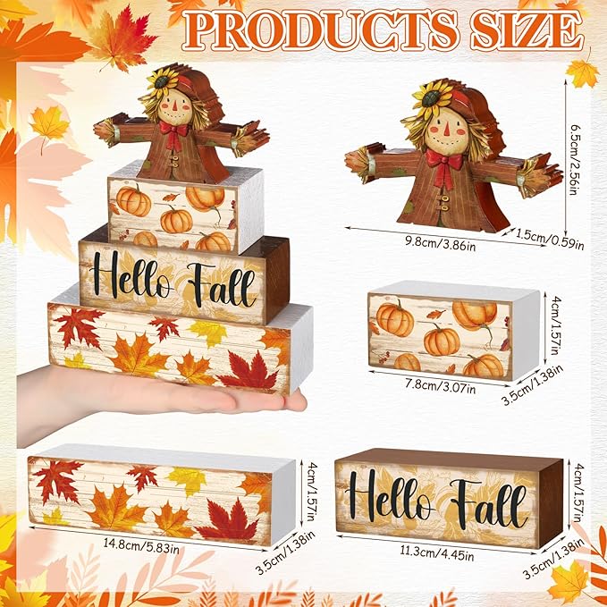 4 Pcs Fall Decor for Home Scarecrow Pumpkin Wooden Signs with Sayings Autumn Scarecrow Tiered Tray Decor Hello Fall Tabletop Centerpiece Maple Leaf Block Signs for Thanksgiving Office Kitchen Shelf