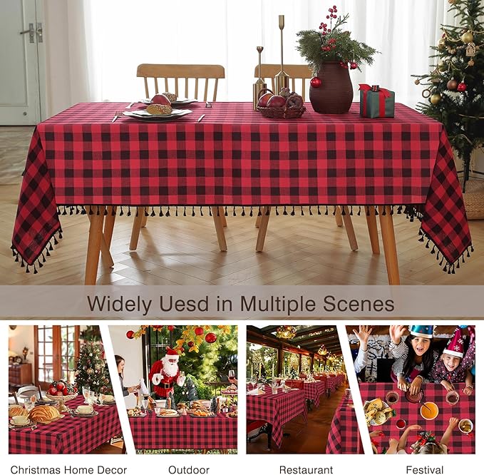 JIALE Gingham Tablecloth Rectangle Cotton Linen Fabric Checkered Table Cloth with Tassel Washable Wrinkle Free Buffalo Plaid Table Cover for Christmas, Party Kitchen Dining,red and Black, 55x90