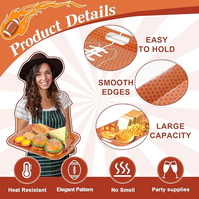 gisgfim 2Pcs Football Serving Trays with Handles 16 x 11 Inch Large Melamine Tray Rectangular Sports Serving Platter Rugby Tray Melamine Dishes for Serving Food Outdoor Dinner Dessert Plates Party Set