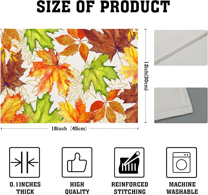 Fall Placemats Set of 4 Autumn Thanksgiving Maple Leaf Place Mats 12x18 Inch Seasonal Rustic Harvest Washable Table Mats for Party Kitchen Dining Decoration