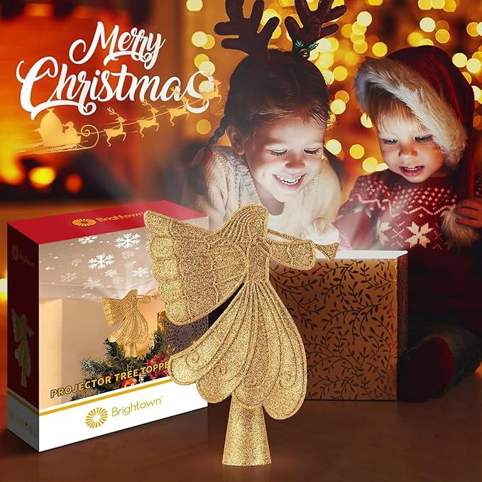 Christmas Angel Tree Topper with 6 Projection Modes, Hollowed Pentagram Tree Top with Gold Spangles Plated Plug in for Indoor Outdoor Christmas Decorations, Gold