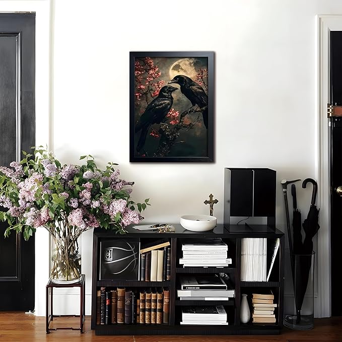 Black Wood Framed Halloween Canvas Wall Art Painting, Vintage Black Crow Cherry Blossom Wall Decor Picture, Dark Academia Gothic Poster Print Photo for Living Room Bedroom Office Decor 16x24 Inch