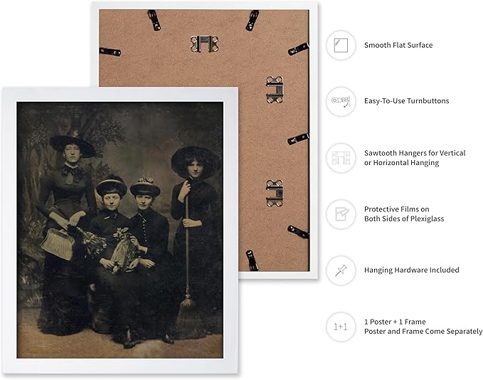 Poster Master Vintage Photograph Poster - Retro Halloween Print - Gift for Artist, Friend - Four Witches Wearing Robes, Sabbath, Coven, Sorcery - Wall Decor for Home, Office, 16x20 White Framed