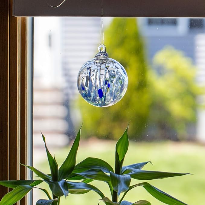 Luke Adams Glass | 3" Mini Glass Tree of Life | Handmade Ornament | Hanging Garden Gazing Ball | Indoor Outdoor Home Décor | (Blue)