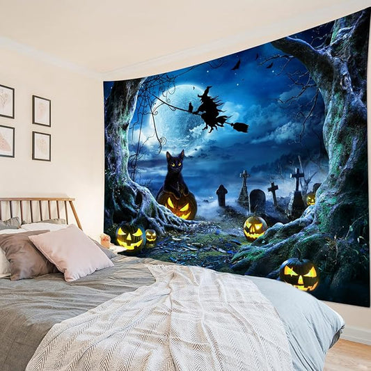 LB Halloween Wall Tapestry 92.5x70.9 Inch - Spooky Graveyard Scene with Witch, Black Cat, Pumpkin, Full Moon & Dead Tree Decor for Bedroom, Living Room, Dorm, Party