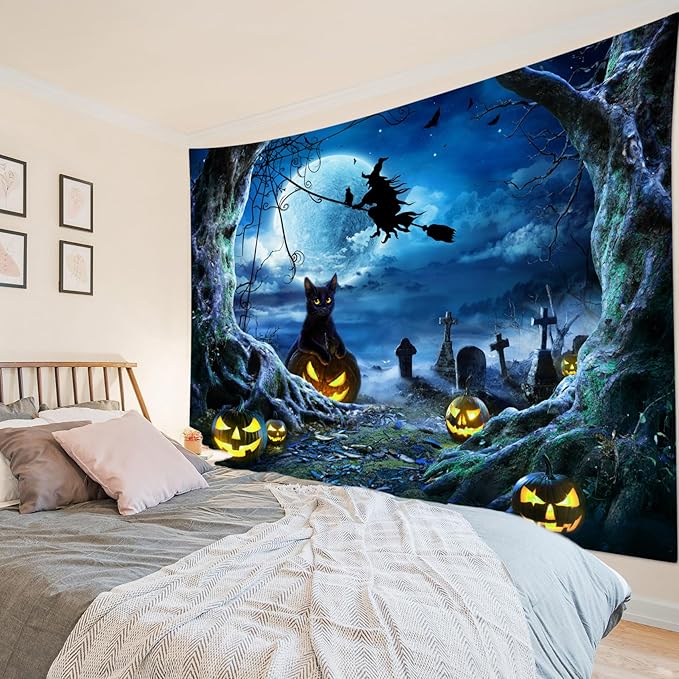 LB Halloween Wall Tapestry 59x51 Inch - Spooky Graveyard Scene with Witch, Black Cat, Pumpkin, Full Moon & Dead Tree Decor for Bedroom, Living Room, Dorm, Party