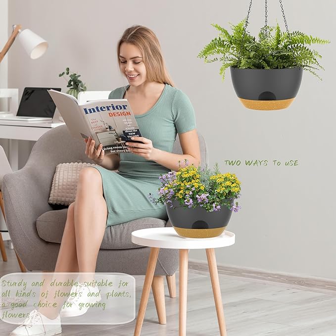 12 Inch Hanging Baskets 2 PC with Chains, Self-Watering Hanging Planters for Indoor Outdoor Plants, Plastic Hanging Flower Pots,Black Brown